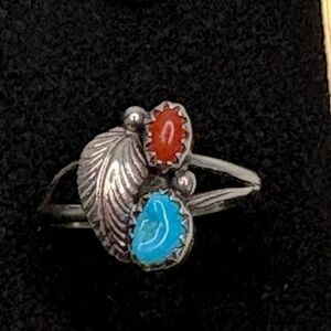 Artisan Silver Ring with Red Coral and Turquoise with Leaf .